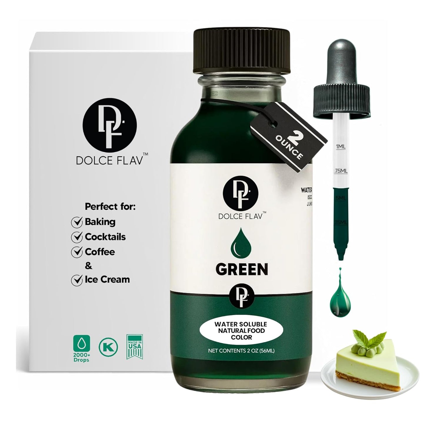 Dolce Flav Natural Green Food Coloring – 2 oz Vibrant Plant-Based Color from Green Apple | Water-Soluble Liquid Dye for Baking, Drinks & Frostings | Graduated Dropper Included | No Artificial Dyes | Kosher | Made in USA
