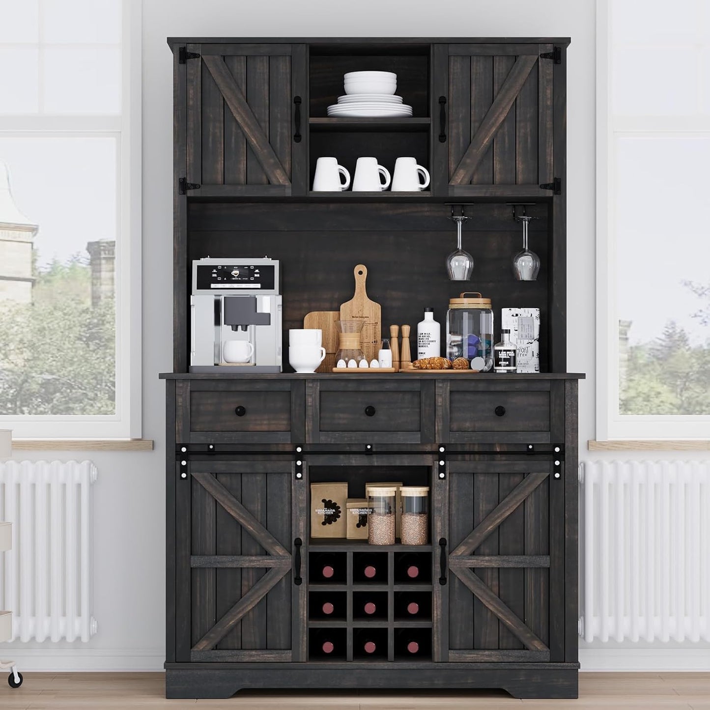 4 EVER WINNER 72" Coffee Bar Cabinet with Sliding Barn Door & Wine Racks, Hutch Cabinet with Storage and 3 Drawers, Farmhouse Coffee Bar with Wine Glass Holder for Dining Room Kitchen (Rustic Oak)
