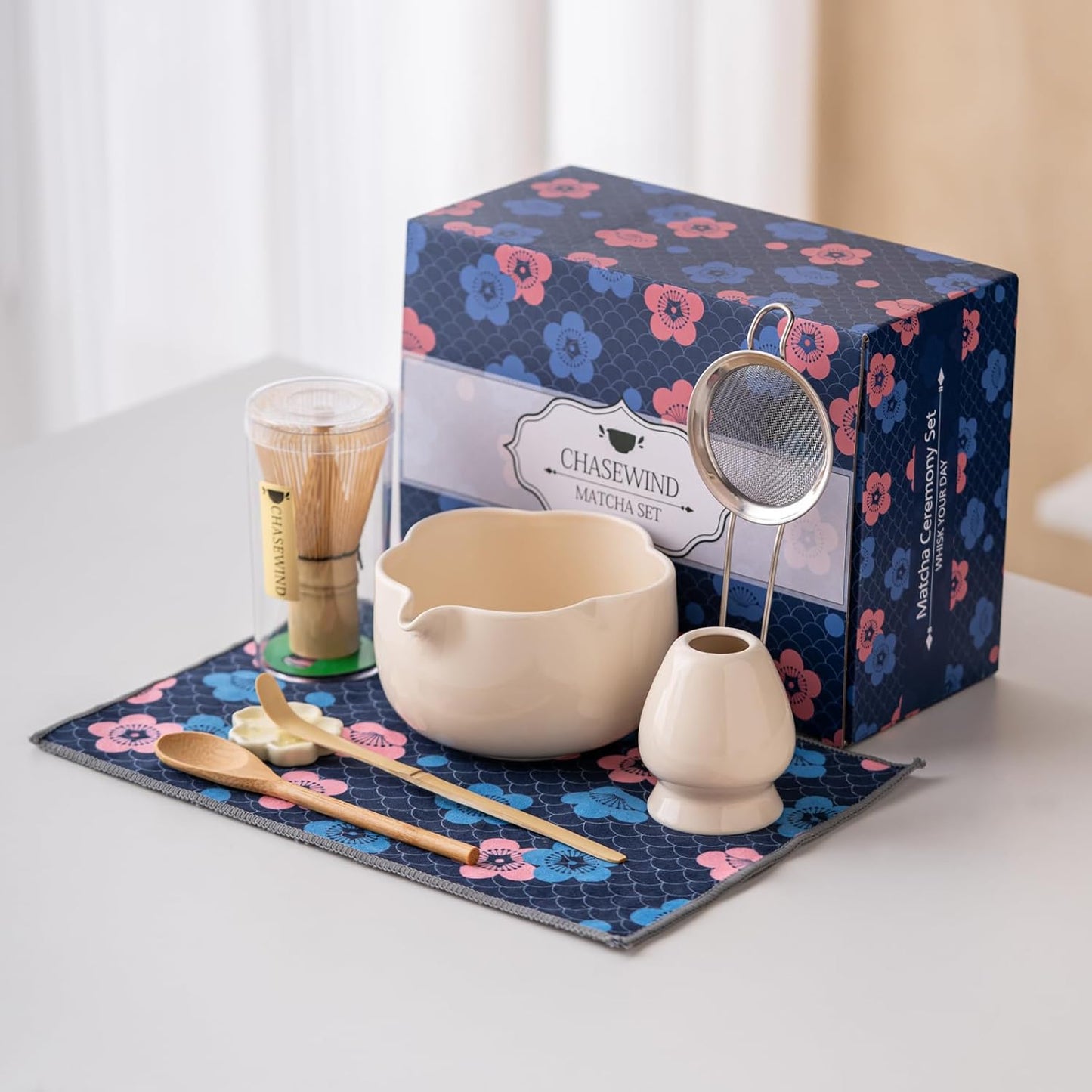 Matcha Set, 8Pcs Floral Ceramic Matcha Set with Matcha Whisk, Holder, Scoop, Scoop Rest, Sifter, Spoon and Tea Towel - Thoughtful Matcha Whisk Set Gift for Matcha Lovers (Beige)