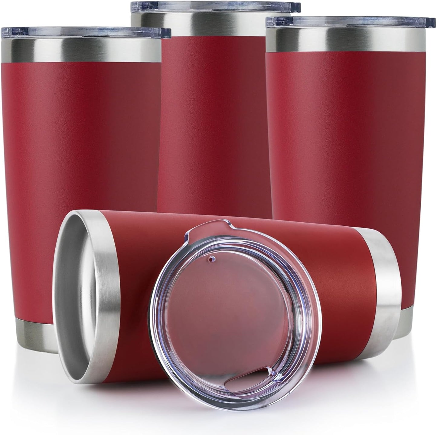 DOMICARE 20oz Stainless Steel Tumbler Bulk with Lid, Double Wall Vacuum Insulated Travel Mug, Powder Coated Coffee Cup (Powder Red, 4)