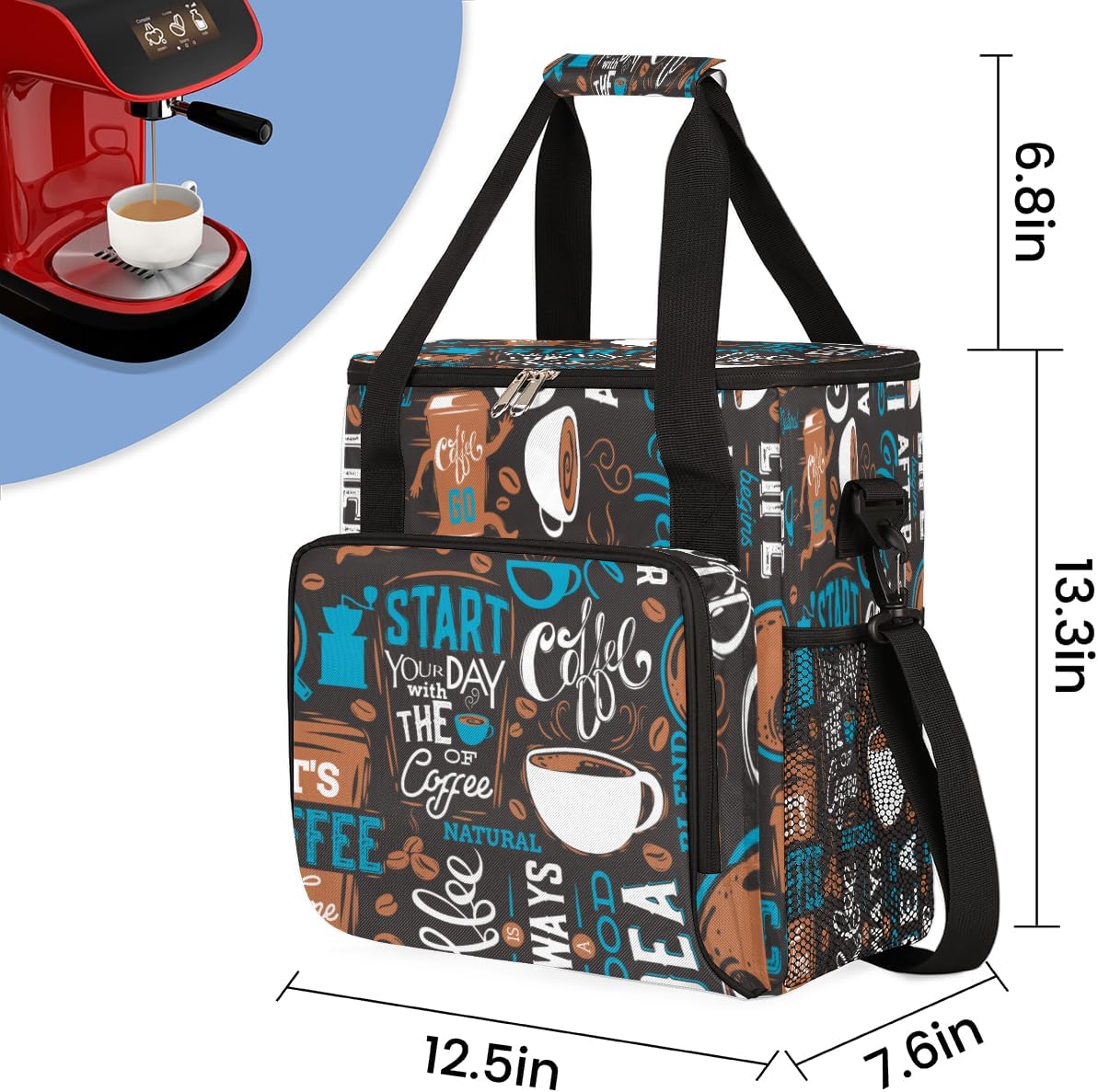 Blue Coffee Cafe Maker Carrying Bag Travel Case Compatible with Keurig K-Mini or K-Mini Plus Portable Single Serve Coffee Brewer Case with Pockets for K-cup Pods