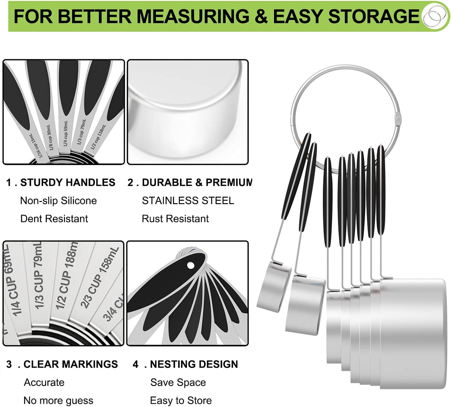 Measuring Cups and Measuring Spoons Set, Wildone Stainless Steel 8 Measuring Cups, 10 Measuring Spoons, 1 Leveler 1 Whisk & 5 Mini Spoons, for Dry and Liquid Ingredient - 25 Piece Black