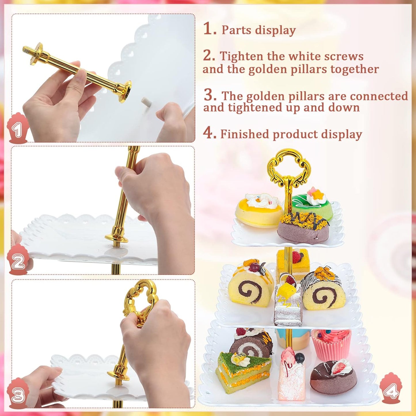 6 Sets of 3 Tier Plastic Cupcake Stand, White Plastic Tiered Serving Stand for Cupcake Stands for Dessert Table Mini Cake Fruit Snack Square Dessert Display Trays for Wedding Birthday