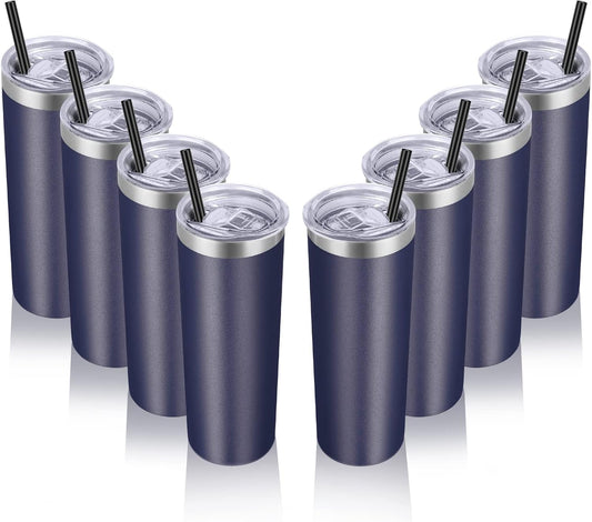 VEGOND Stainless Steel Tumblers Bulk 8 Pack, 20 oz Vacuum Insulated Skinny Tumblers with Lid and Straw, Double Wall Coffee Mug, Travel Water Cup, Navy Blue