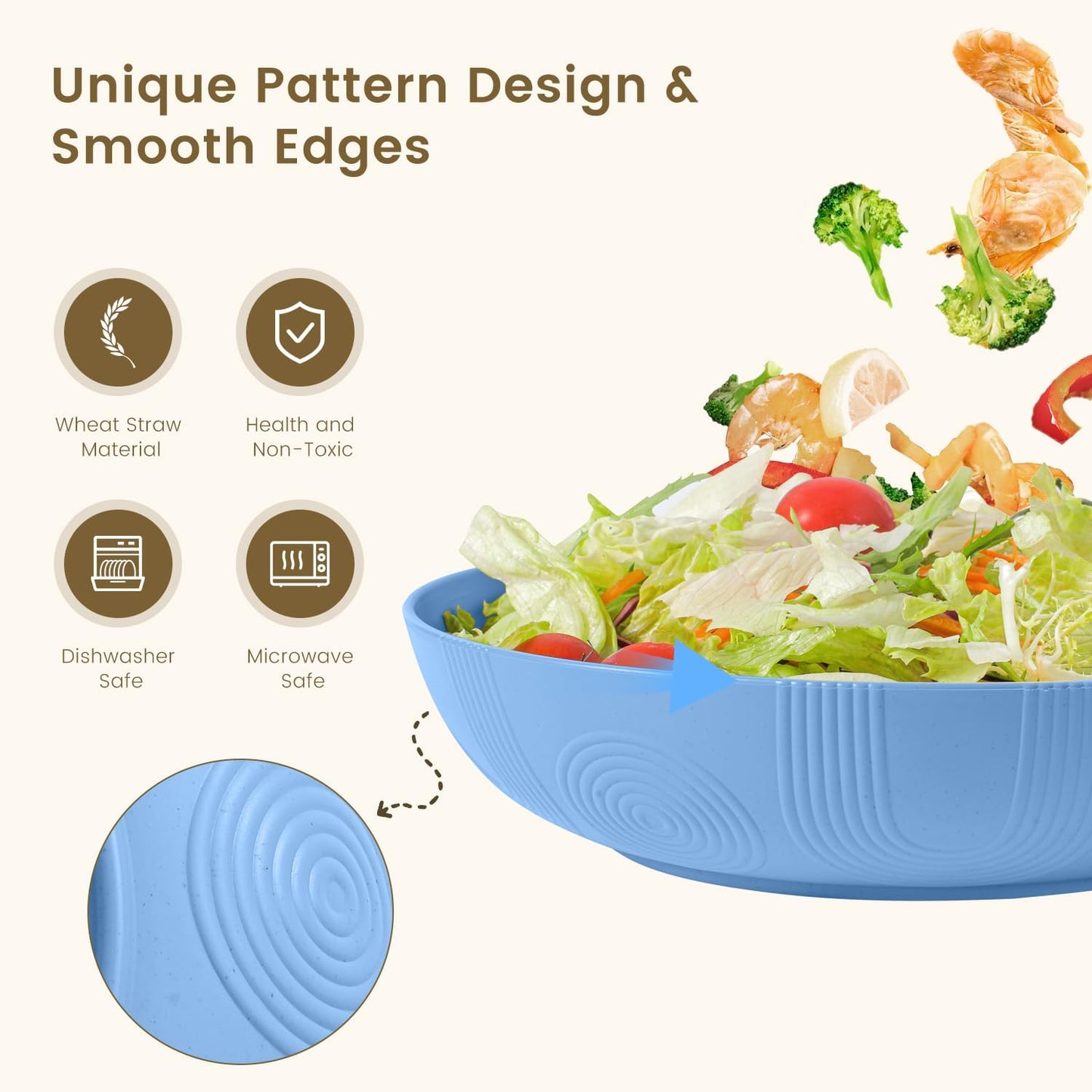 Homienly Wheat Straw Big Bowls Salad Bowls Set of 6 10 inch Serving Bowls 65 oz Large Bowls Plastic Plates Bowls Wide and Shallow Bowls for Kitchen Microwave & Dishwasher Safe-Sky Blue