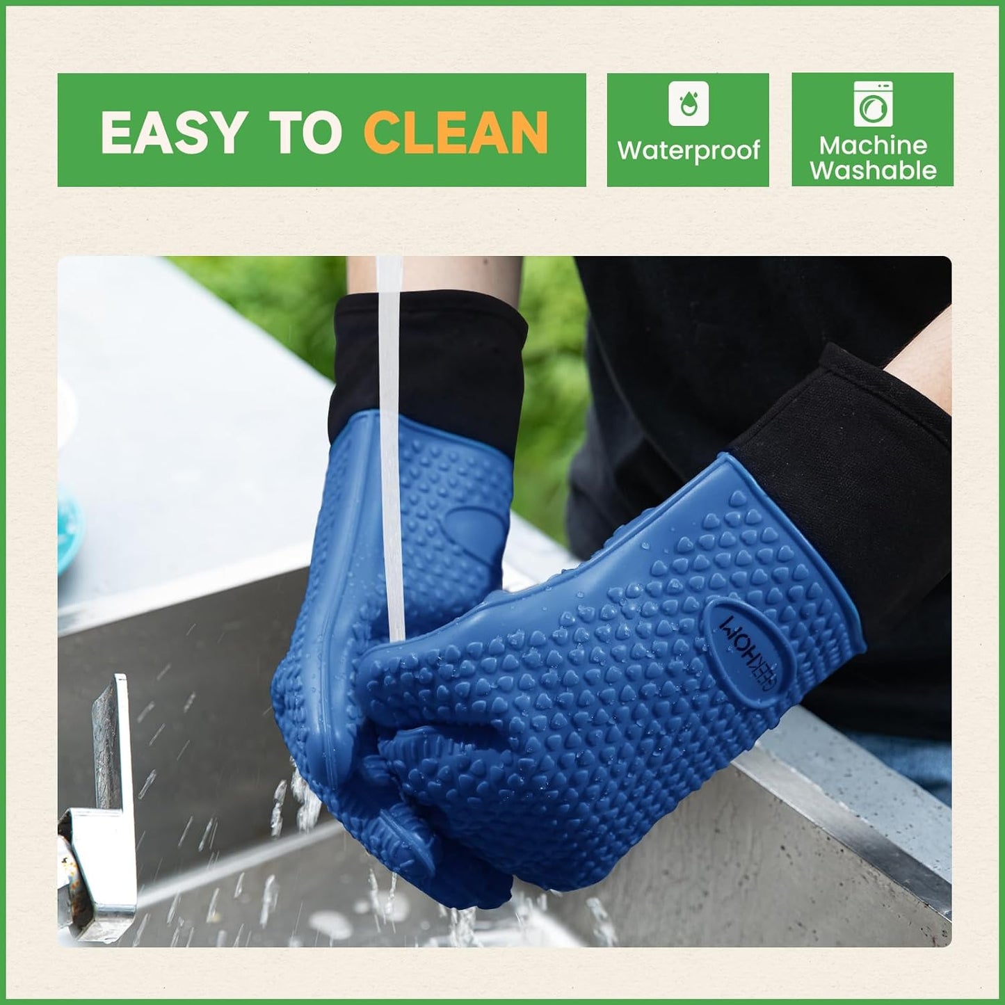 GEEKHOM BBQ Gloves Heat Resistant Oven Mitts - Silicone Grilling Gloves with 13.7" Arm Protection - Waterproof Pot Holder Non-Slip for Men & Women, Kitchen Outdoor Cooking, Baking, Camping, Royal Blue