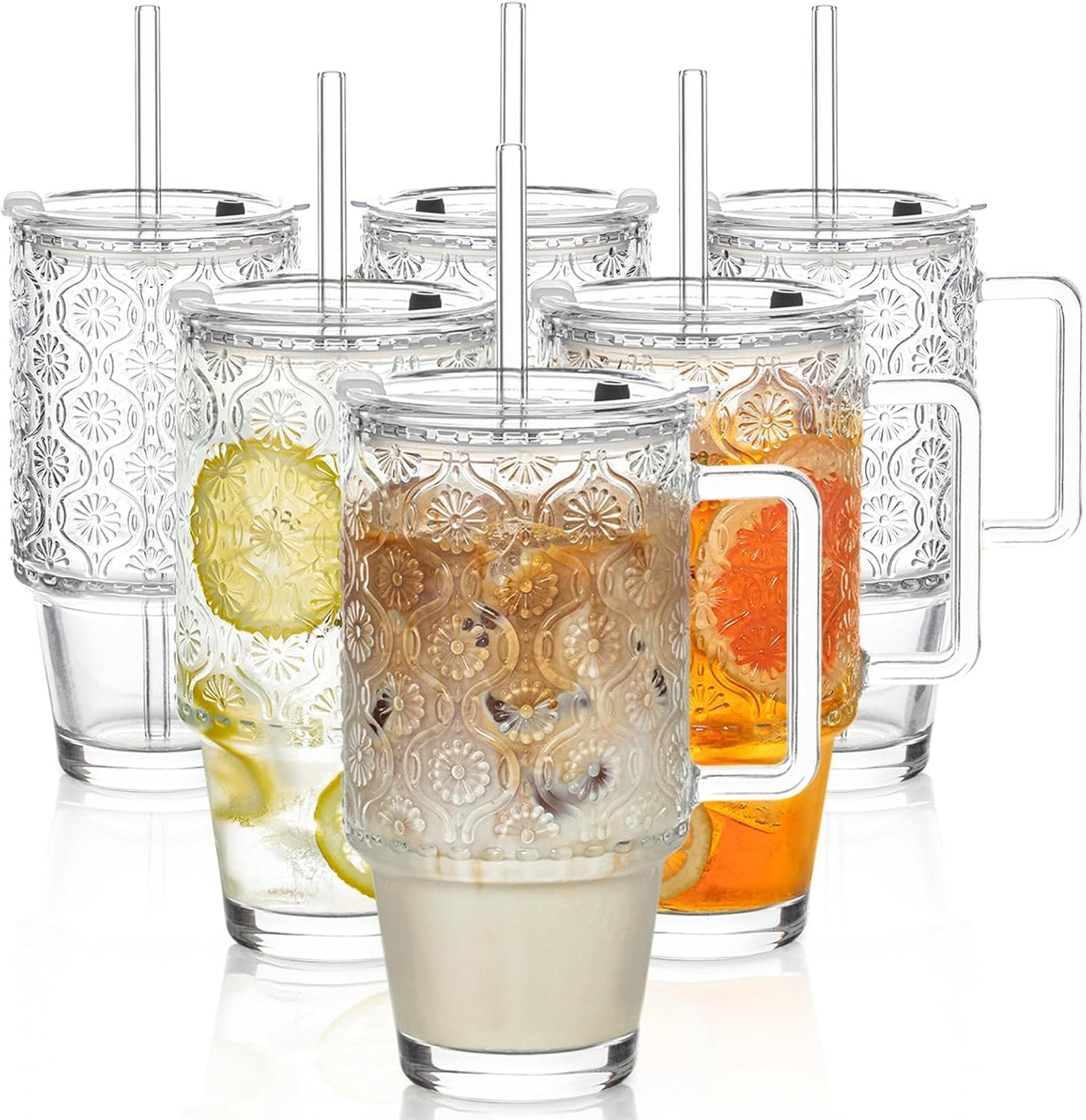KEMORELA 6-Pack 24oz Glass Tumblers with Straws & Lids, Begonia Floral Iced Coffee Cups with Handles, Reusable Smoothie Glasses, Dishwasher Safe Cold Drinkware Set, BPA-Free Straws Included