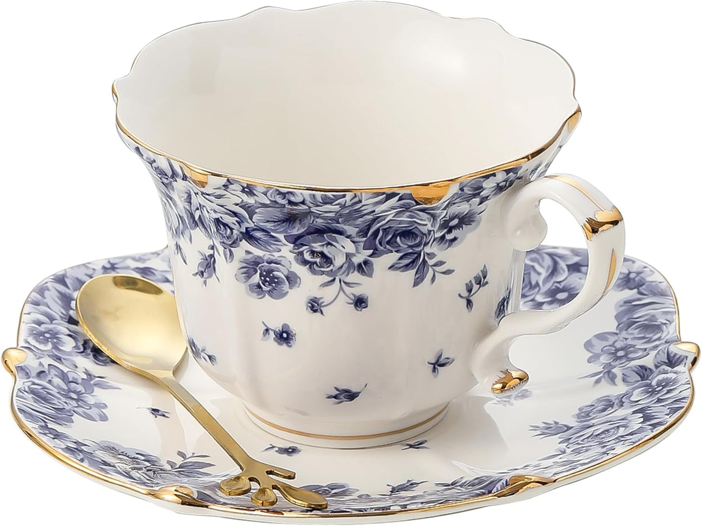 TATSUMI Country Roses Bone China Tea Cup and Saucer Set, 3 Pieces, Vintage Style, For Women and Tea Parties（sky blue，1 set）