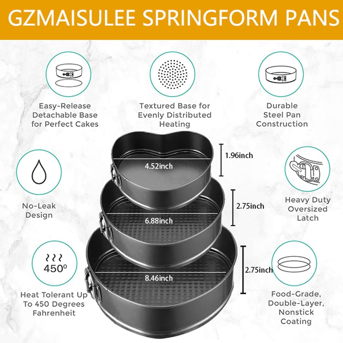 Springform Cake Pan Set of 3 (4, 7, 9 Inch) Heart Leakproof Nonstick Cheesecake Pans with Removable Bottom Carbon Steel Bakeware