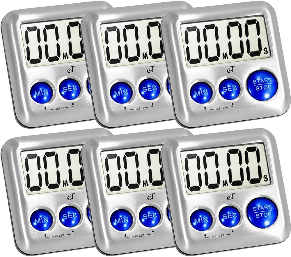 Elegant Digital Kitchen Timer Stainless Steel - Strong Magnetic Back - Kickstand - Loud Alarm - Large Display - Auto Memory - Auto Shut-Off - Model eT-24 (Plumberry 6-Pack) by eTradewinds