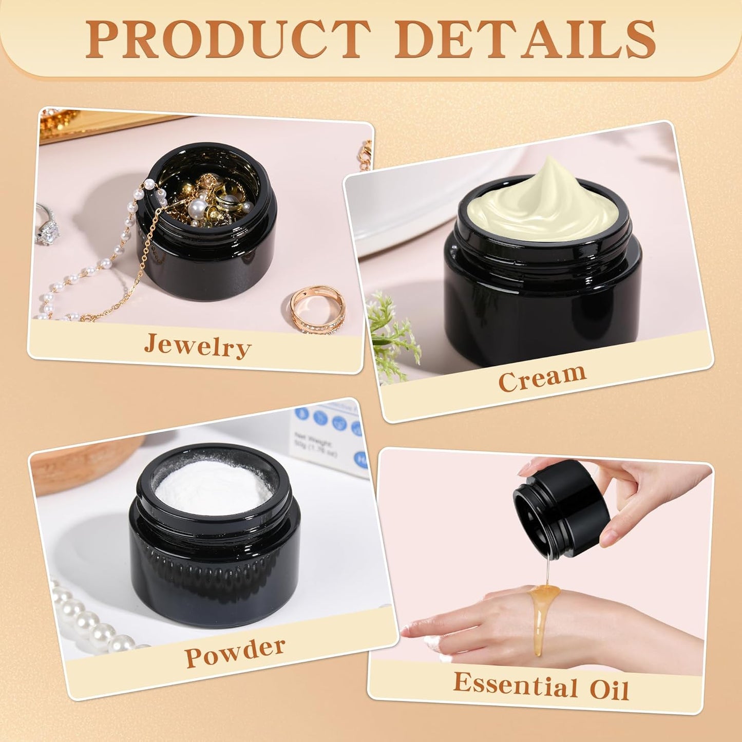 Glass Jars with Lids,Eco-Friendly Cosmetic Containers with Airtight Black Lids & Liners, Multi-Color Options for Cream, Lotion, Body Butter, DIY Skincare Travel Jars (Black, 1oz)