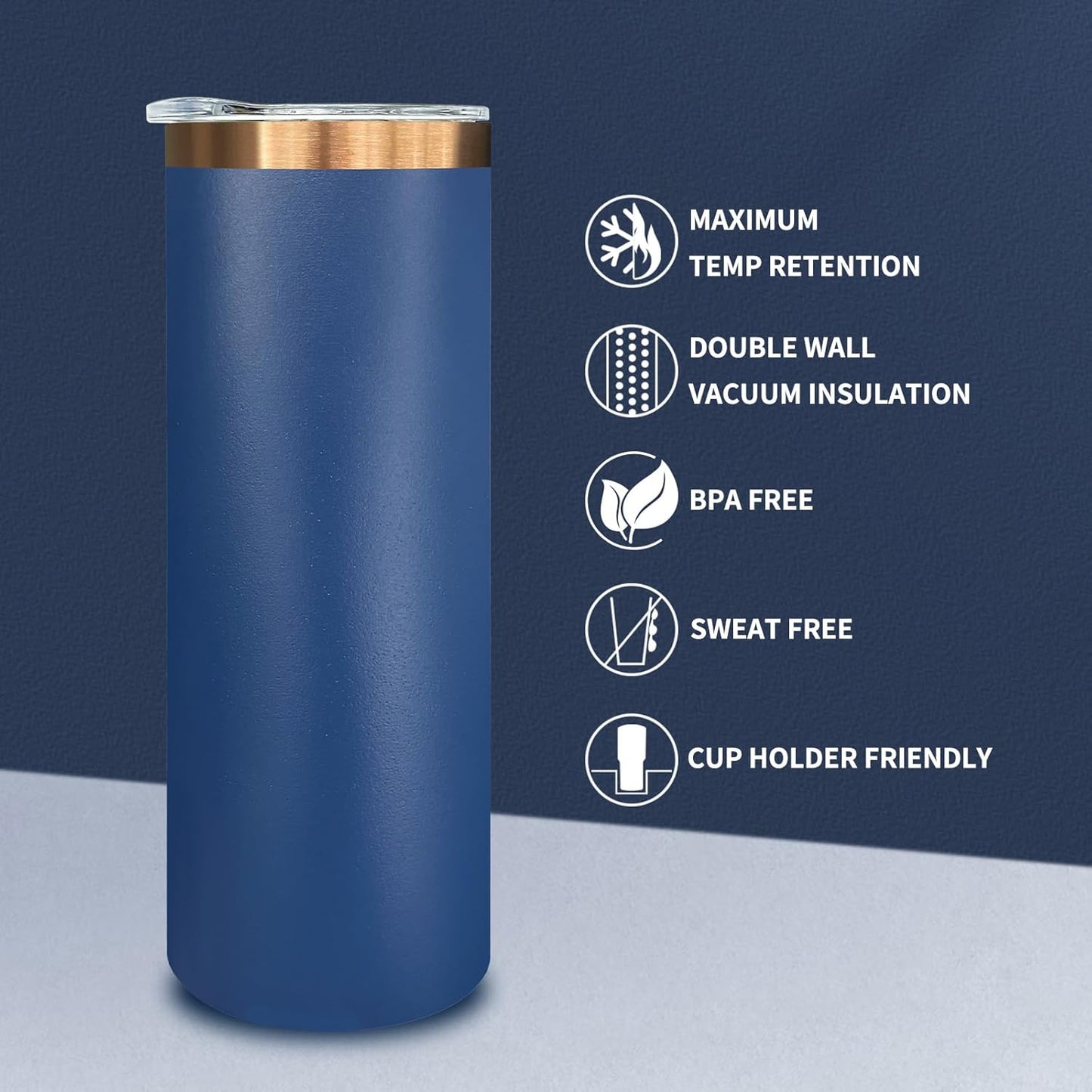 20 oz Skinny Tumblers Bulk, Stainless Steel Insulated Tumbler with Lids and Straws, Slim Double Wall Powder Coated Travel Coffee Mugs, Reusable Cup for Hot and Cold Drinks (Navy,1 pack)