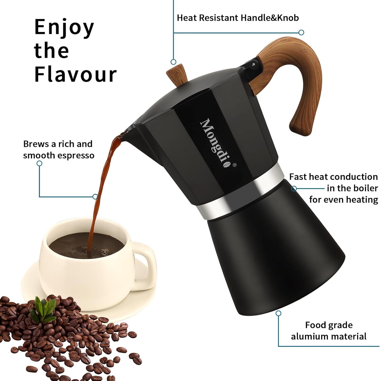 Mongdio Stovetop Espresso Maker Moka Pot, Cuban Coffee Maker Stove top coffee maker Moka Italian Espresso Greca Coffee Maker Brewer Percolator, 12 Espresso Cups, 20 oz - Black