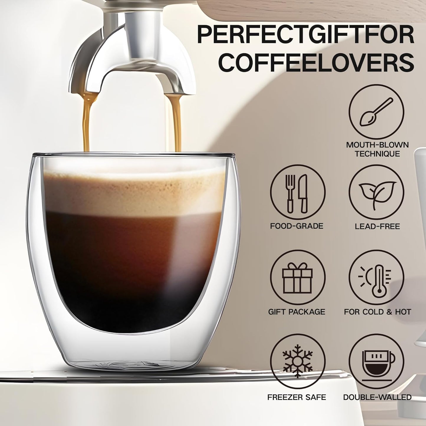 Set of 4 Double Walled Glass Coffee Mugs 8 Ounces Insulated Layer Coffee Cups Borosilicate Glass Espresso Cup for Hot Beverage,Cappuccino,Tea,Latte,Wine,Microwave Safe