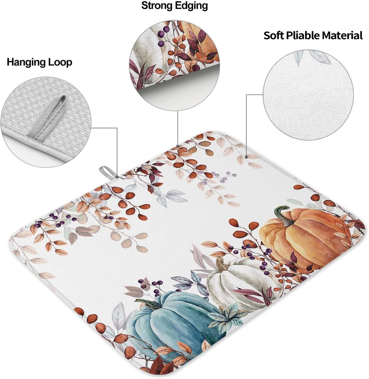 Fall Dish Drying Mat for Kitchen Counter Pumpkin Drying Pad Absorbent Drying Mats for Countertops Sinks Draining Racks Autumn Eucalyptus Leaves Drainer Holiday Harvest Thanksgiving Decorations 16x18