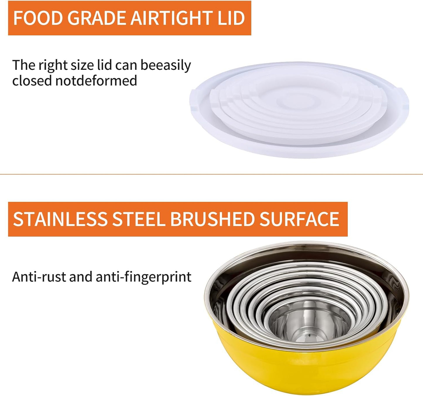 Yellow Mixing Bowls With Airtight Lids,Stainless Steel Bowl,Salad Bowls 7 Piece Colorful Nesting Bowl Yellow Kitchen Accessories,Size 7,3.6,2.7,2.1,1.5,1.1,0.8QT Stackable Design