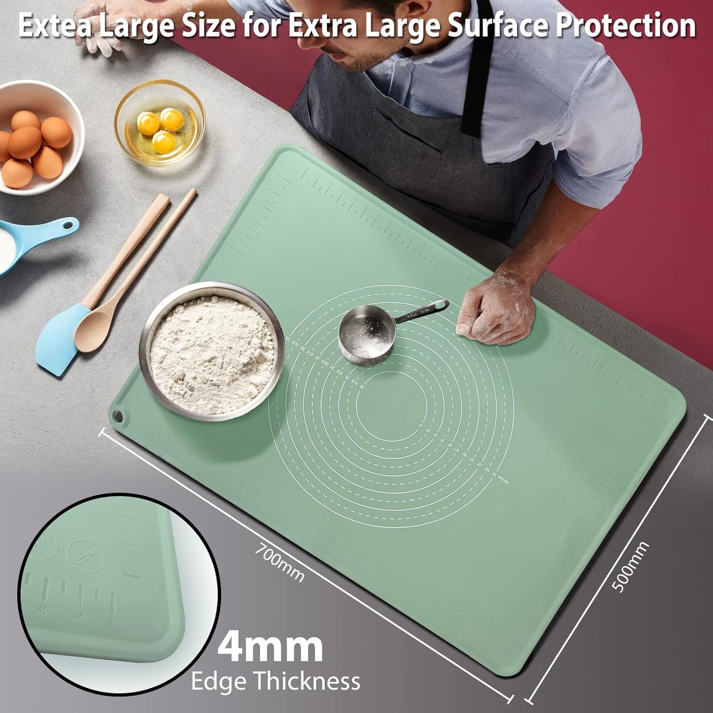 28"X20" Silicone Baking Mat Extra Large Non-stick Pastry Mat with High Edge, Dough Rolling Board for Pastry, Macarons, Pies, Bread, Cookies, Pizza, Fondant, Pasta, Food Grade Silicone Baking Supplies