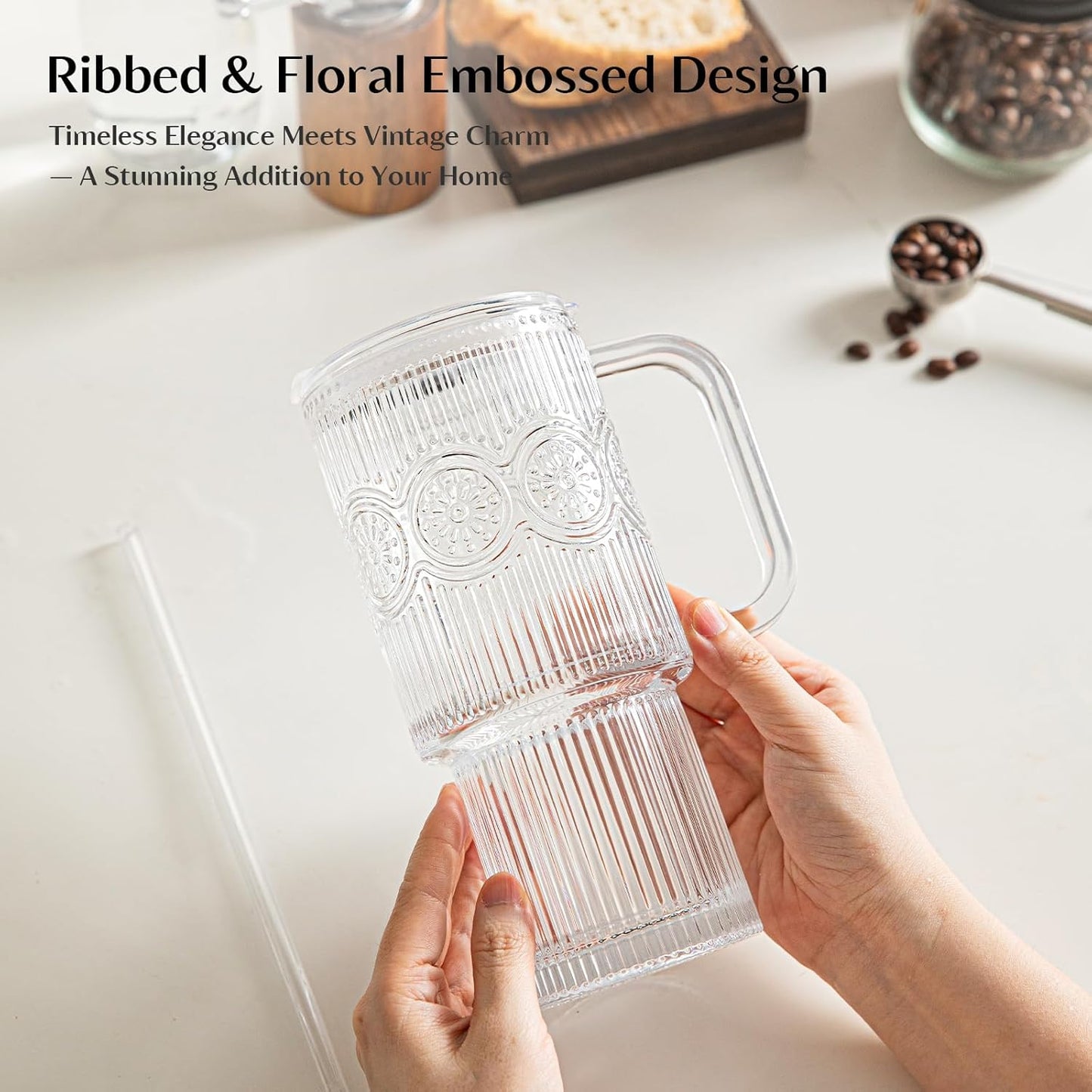 INSETLAN 26oz Ribbed & Floral Glass Tumblers with Handle and Lid, Set of 2 –Reusable Iced Coffee Cups with Straw, Glass Mugs for Water, Smoothies, Tea, and Juice – Ideal for Travel & Daily Use