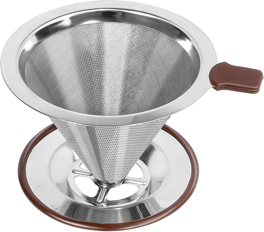 Pour Over Coffee Dripper，Reusable Stainless Steel Drip Cone Coffee Filter, Update Double Ultra Fine Micro Mesh Filter, Professional Paperless Drip Brew Coffee Cone Maker with Cup Stand,1-4 Cup