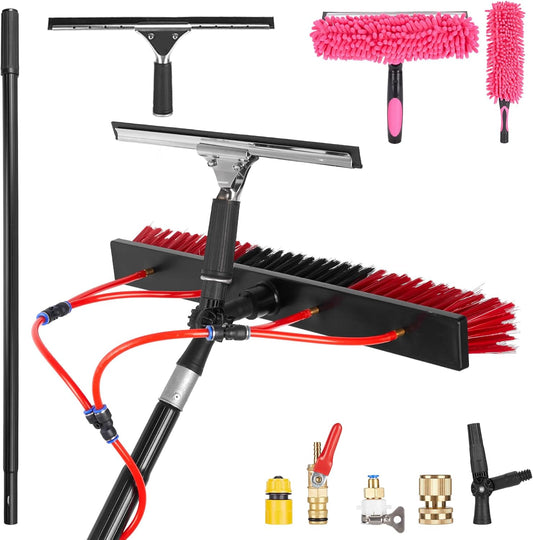 26ft Long Reach Solar Panel Cleaning Kit - Aluminum Extendable Water Fed Pole, 22in Wide Brush & Squeegee, Bendable Dusting Brush - Outdoor Window Washing Equipment Tool