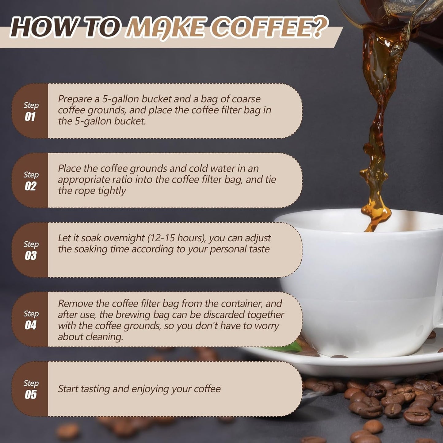 50 Pcs 20" x 20" Commercial Home Cold Brew Coffee Filter Bags with Drawstring, Disposable for Commercial Home Cold Brew Coffee Makers