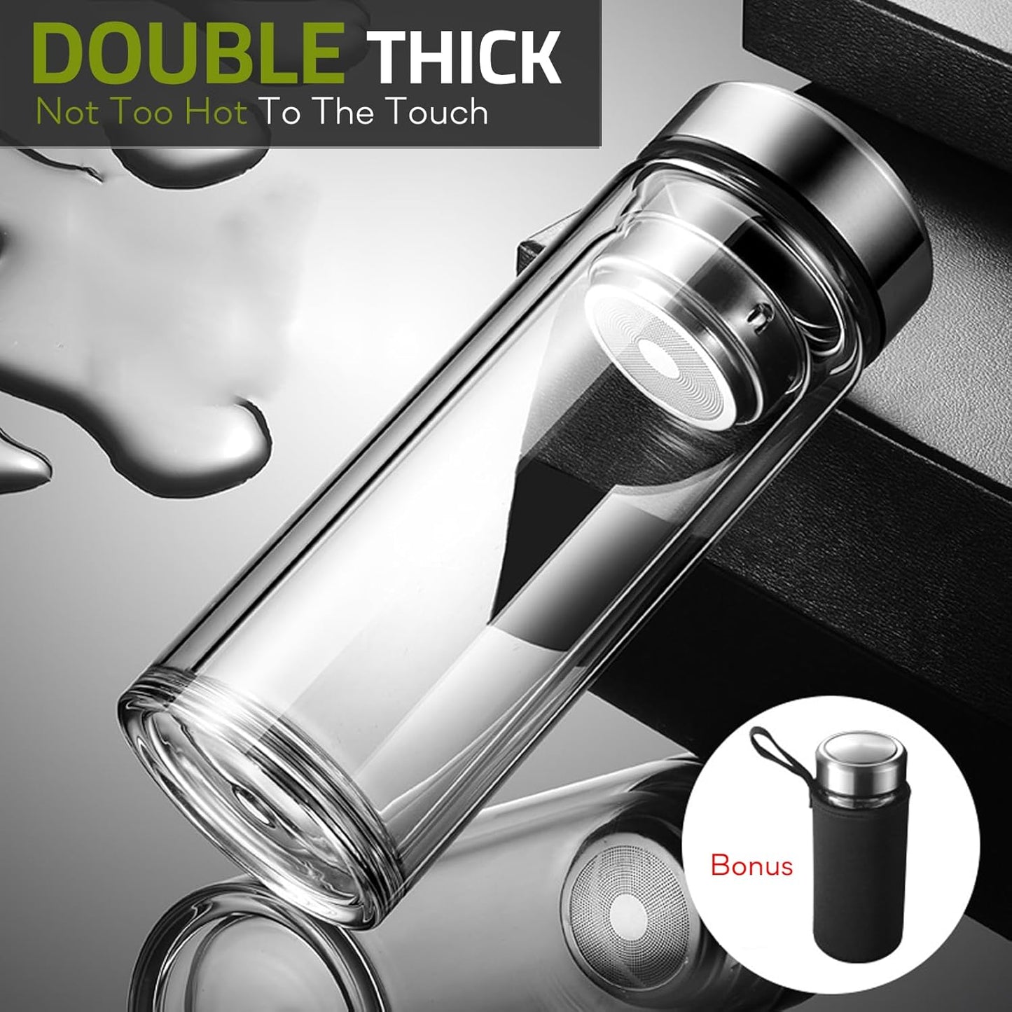 Tea Tumbler with Infuser, 20oz Double Wall Borosilicate Glass Tea Bottle, 100% Leak-Proof with Stainless Steel Filter