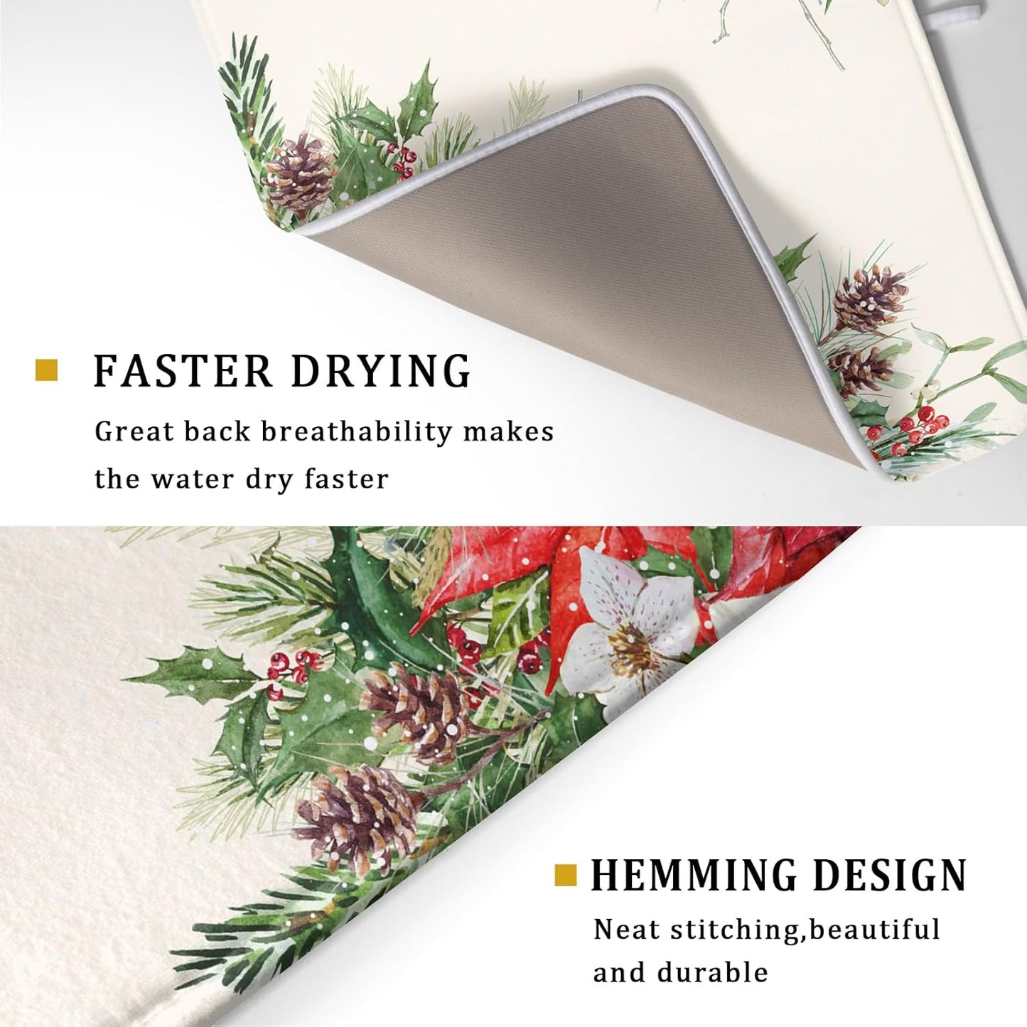 Giwawa Poinsettia Dish Drying Mat for Countertop 18"x24" Christmas Red Floral Winter Holly Berries Dish Drainer Mats Absorbent Microfiber Dish Drying Pad Protector for Kitchen Home Decor Large