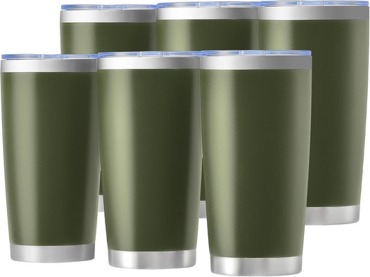 OMTech 20oz Tumblers Bulk, 6pc Stainless Steel Tumbler Set with Lid & Straw, Double Wall Vacuum Insulated Mug for Laser Engraver, Travel Coffee Mug for Hot & Cold Drinks, Army Green Powder Coated Cup