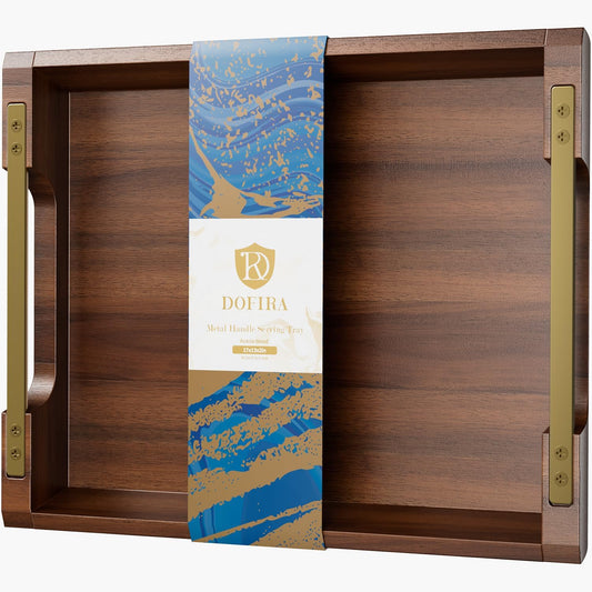 Acacia Wood Serving Tray with Metal Handles, 17x13in Large Ottoman Tray, Food Drinks Tray for Coffee Table, Breakfast, Dinner & Bar, Rustic Decorative Tray for Kitchen, Bedroom Gift Box