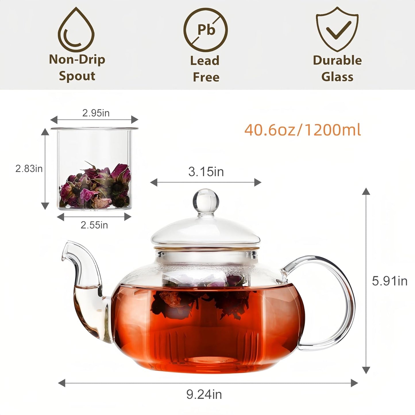 CnGlass 40.6oz/1200ml Glass Teapot with Removable Infuser,Stovetop Safe Tea Kettle,Blooming & Loose Leaf Tea Pot