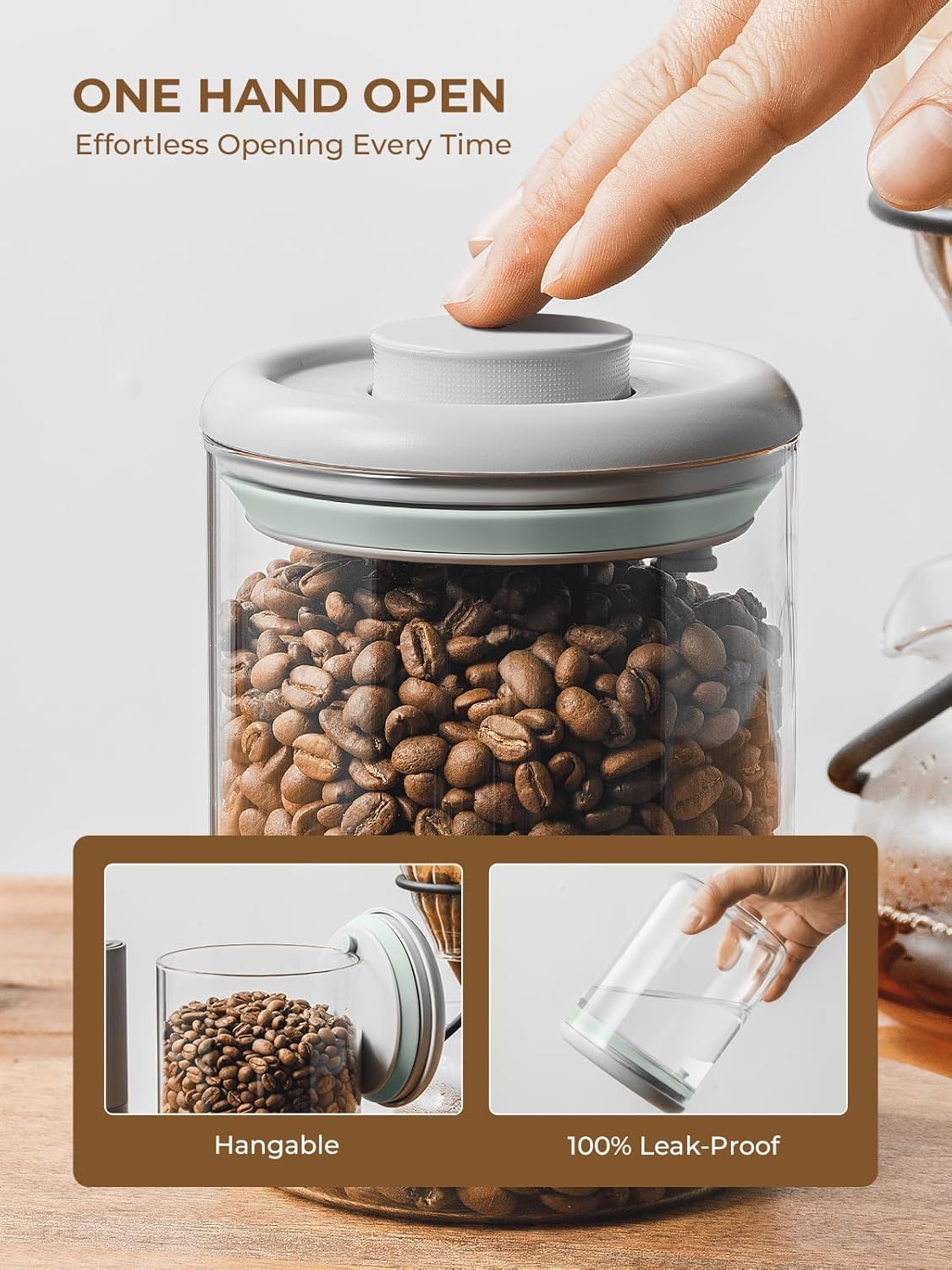 Coffee Bean Container Airtight Coffee Storage Containers Pop Up Coffee Canister High Borosilicate Glass Coffee Jar Air Tight Containers for Coffee 300g 900ml*2 Gray