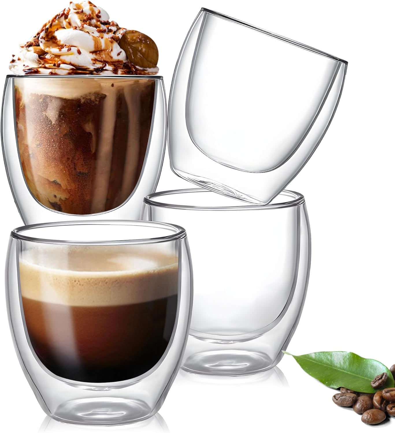 Set of 4 Double Walled Glass Coffee Mugs 8 Ounces Insulated Layer Coffee Cups Borosilicate Glass Espresso Cup for Hot Beverage,Cappuccino,Tea,Latte,Wine,Microwave Safe