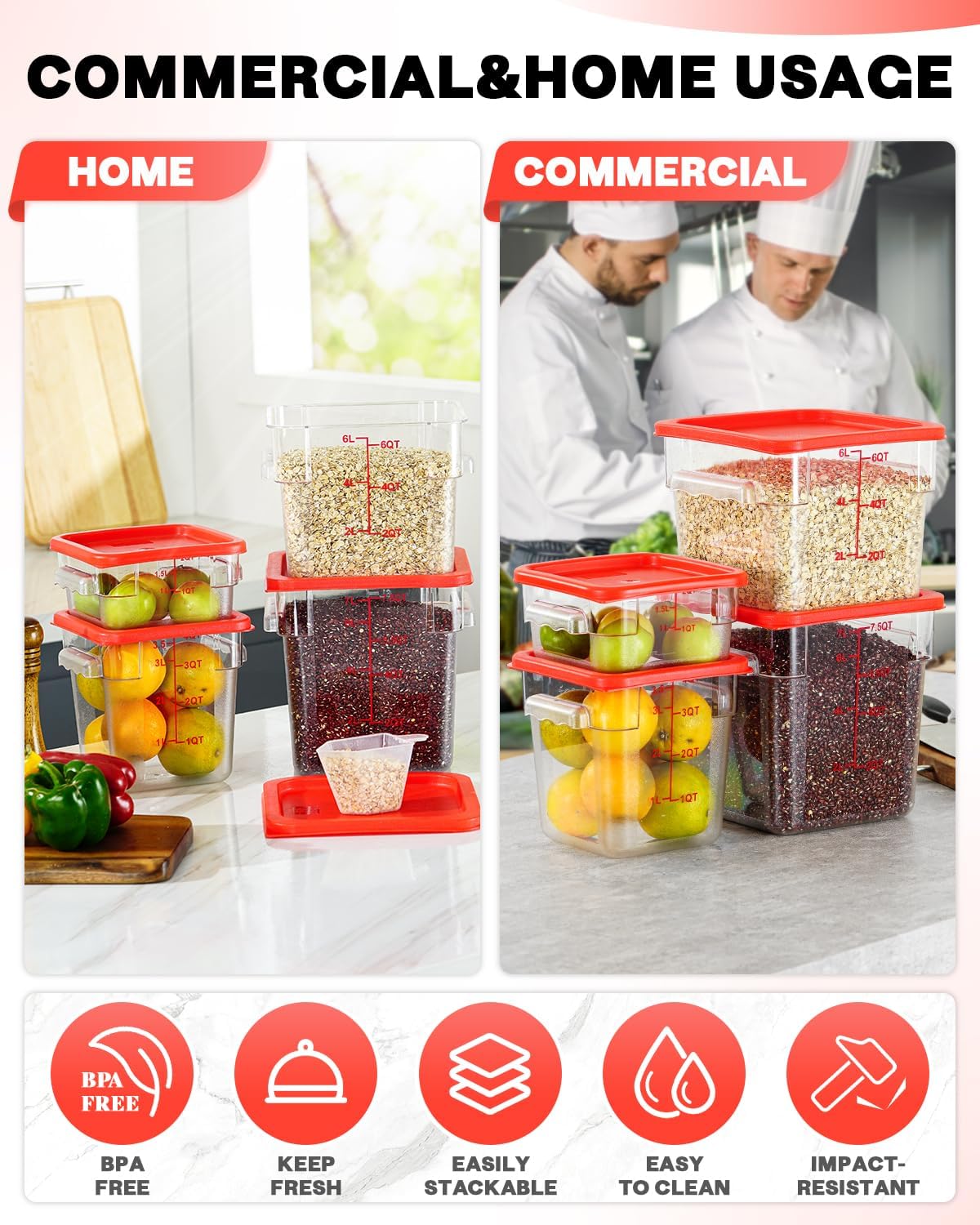 4QT NSF Food Storage Containers with Lids: 4 PCS [Total Food Grade][Hot&Cold Resistant] Commercial Clear Food Storage Containers for Restaurant Kitchen Proof Dough, Measuring Spoons Included(Red)