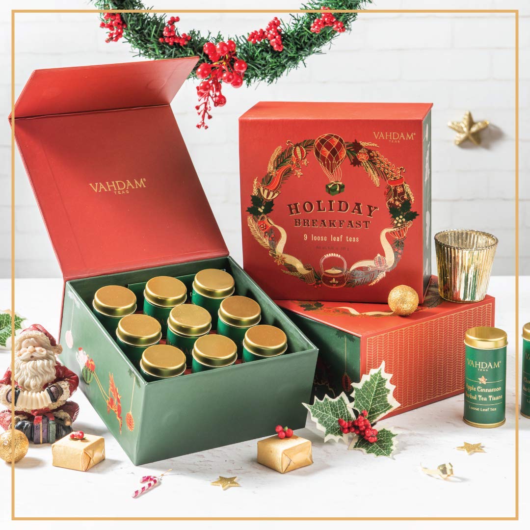 VAHDAM, Holiday Breakfast - Christmas Tea Gift Sets (90+ Cups) 9 Loose Leaf Tea - Luxury Gift Box | Christmas gifts 2024 Ideas | Christmas Gifts For Women, Men & Adults I Holiday Tea Gift Box
