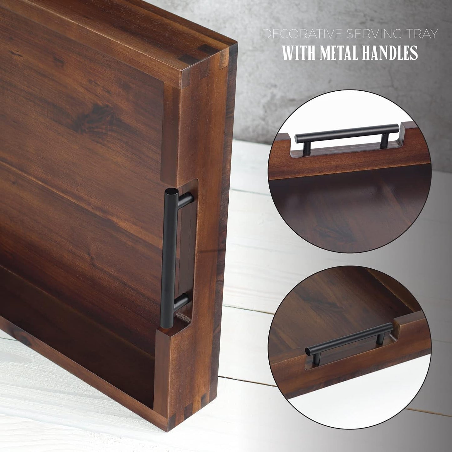 Ottoman Tray, Acacia Wood Serving Tray with Metal Handles, 16.5x12.5in Food Drinks Tray for Coffee Table, Breakfast, Dinner & Bar, Rustic Decorative Storage Tray for Ottoman, Kitchen, Packaging