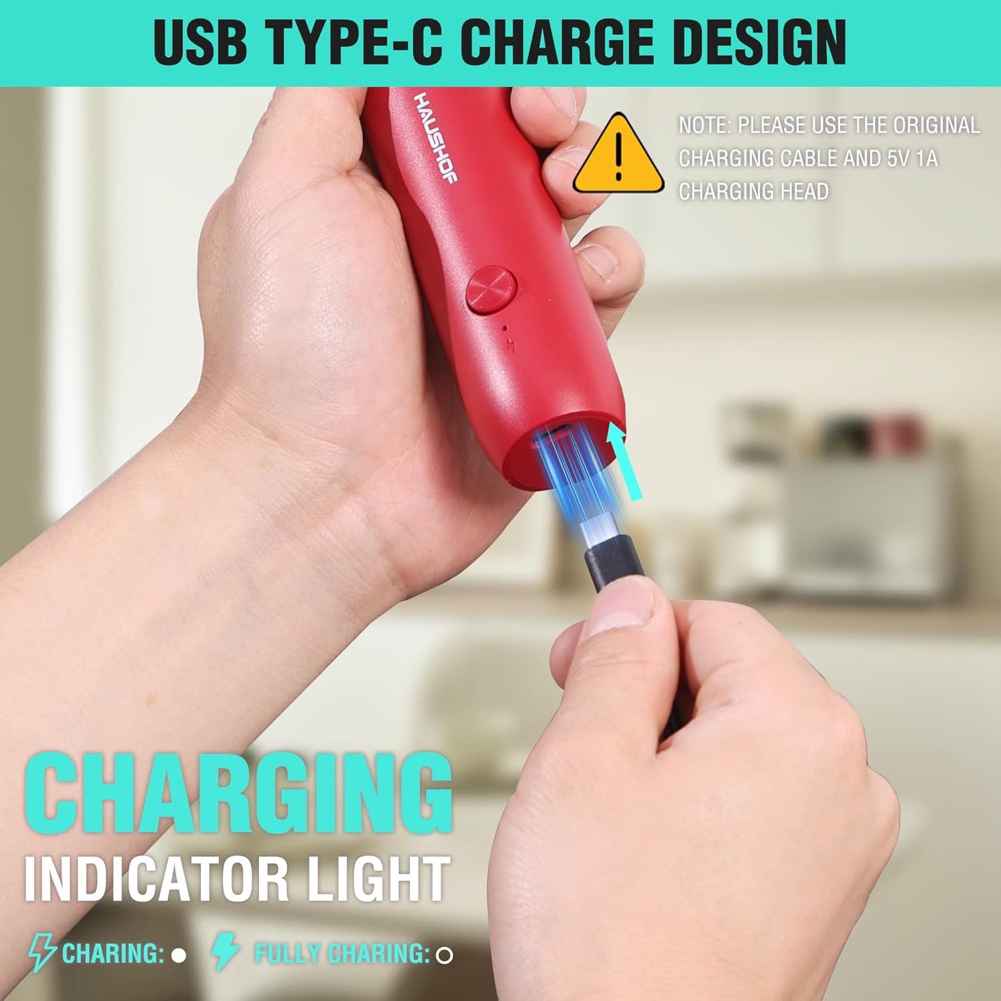 HAUSHOF Powerful Rechargeable Milk Frother Wand with Stand, Handheld Electric Foam Maker, Drink Mixer with Detachable Stainless Steel Whisk for Coffee Latte, Cappuccino, Matcha, Red