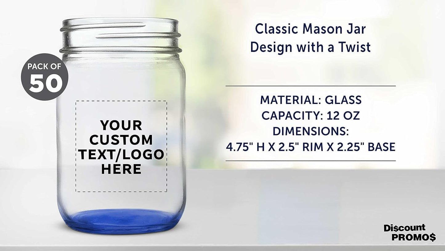 DISCOUNT PROMOS Custom Decorating Mason Jars 12 oz. Set of 50, Personalized Bulk Pack - Glass Jars for Overnight Oats, Candies, Fruits, Pickles, Spices, Beverages - Blue