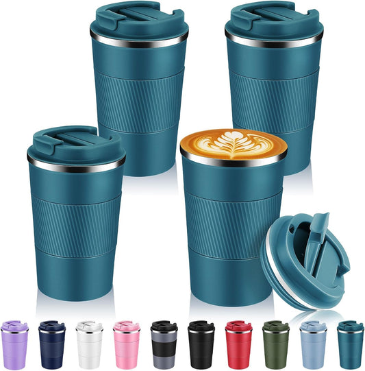 Volhoply 13 oz Stainless Steel Insulated Travel Coffee Mug with Fip Lid Bulk 4 Pack,Reusable Double Wall Vacuum Metal Coffee Cup,Portable Leak Proof Thermal Tumbler for Hot & Cold Drinks(Bule,4)