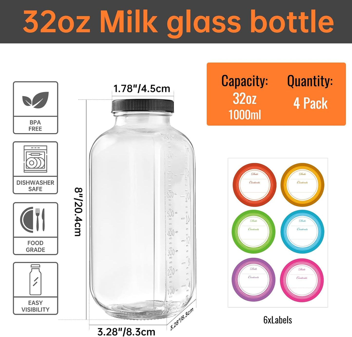 STARSIDE 32 oz Glass Juice Bottles with Lids 4 Pack - Square Reusable Drinking Jars for Juicing, Milk, Kombucha - Includes 1 Bottle Brush, 6 Colored Labels