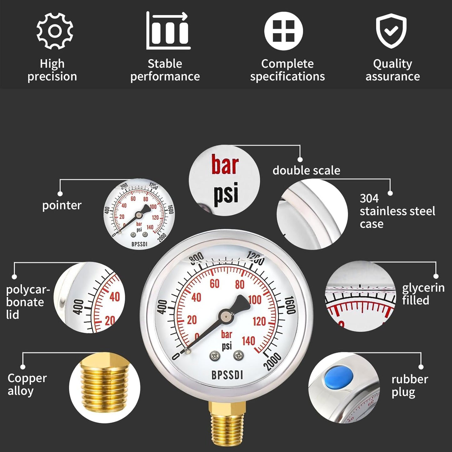 0-2000 Psi Glycerin Liquid Filled Hydraulic High Pressure Gauge, 2.5" Dial Size, 1/4" NPT Lower Mount, 304 Stainless Steel Case, for Water Oil Air Gas Pressure Test