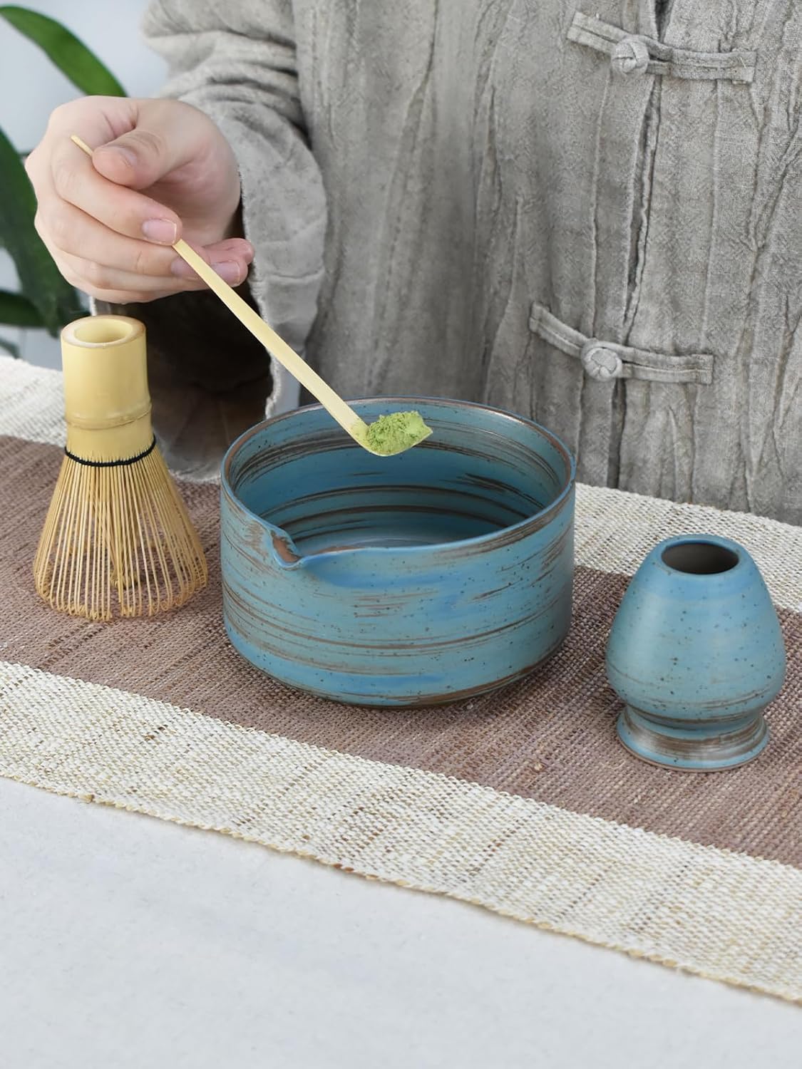 Artcome Japanese Matcha Bowl Set with Pouring Spout, Ceramic Matcha Whisk Holder, Bamboo Tea Scoop, Matcha Whisk, and Tea Manual - Traditional Chawan Set for Matcha Lovers