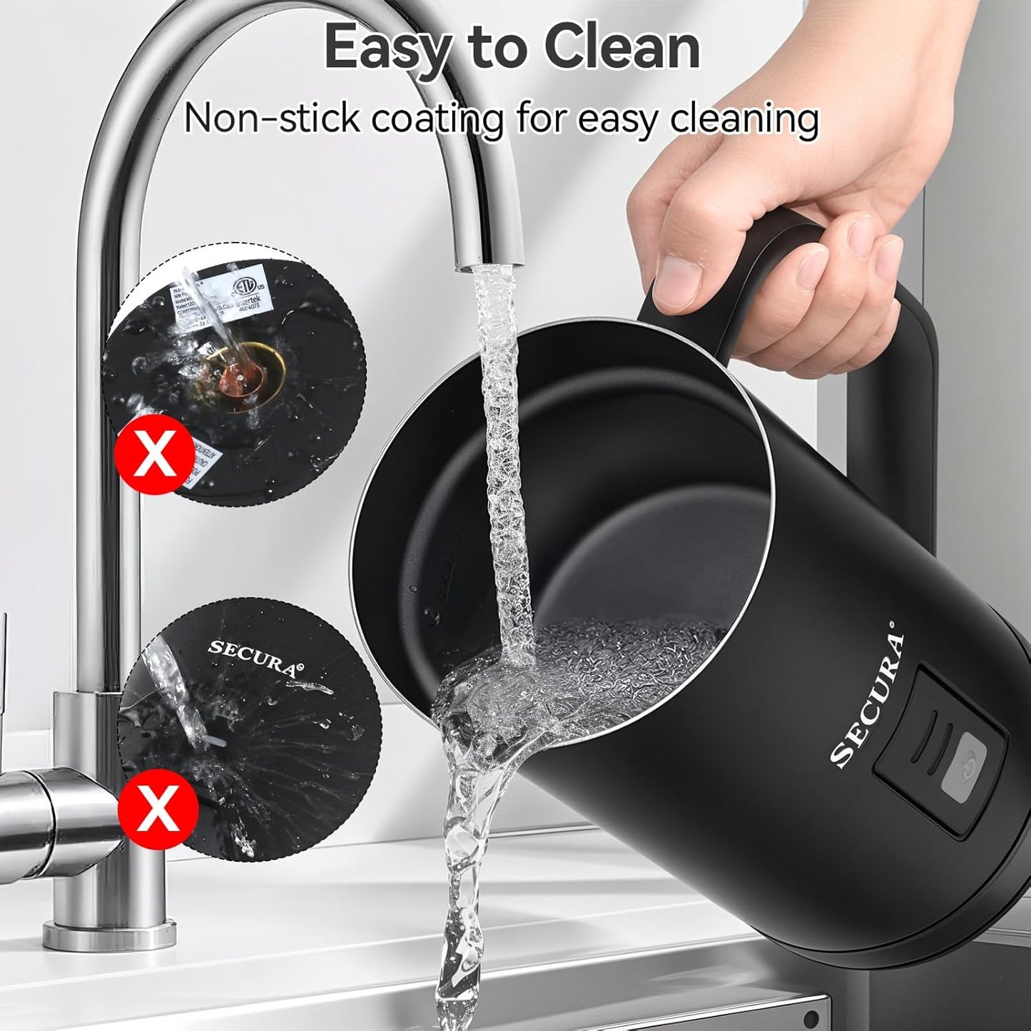 Secura 𝗠𝗶𝗹𝗸 𝗙𝗿𝗼𝘁𝗵𝗲𝗿, Electric Milk Steamer Stainless Steel, 8.4oz/250ml Automatic Hot and Cold Foam Maker and Milk Warmer for Latte, Macchiato (Black)