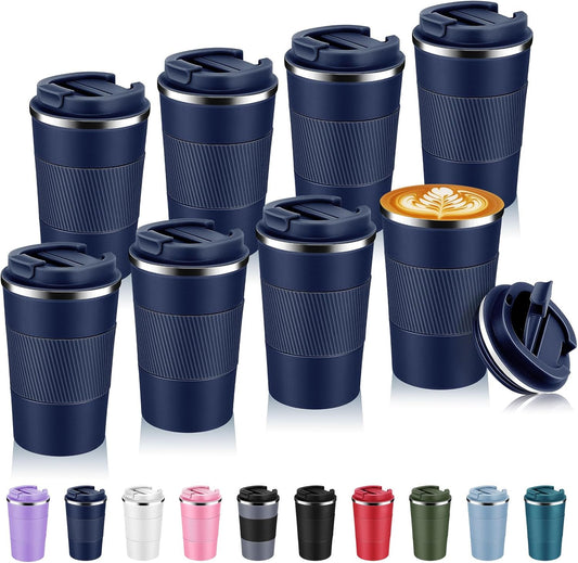 Volhoply 13 oz Stainless Steel Insulated Travel Coffee Mug with Fip Lid Bulk 8 Pack,Reusable Double Wall Vacuum Metal Coffee Cup,Portable Leak Proof Thermal Tumbler for Hot & Cold Drinks(Navy,8)