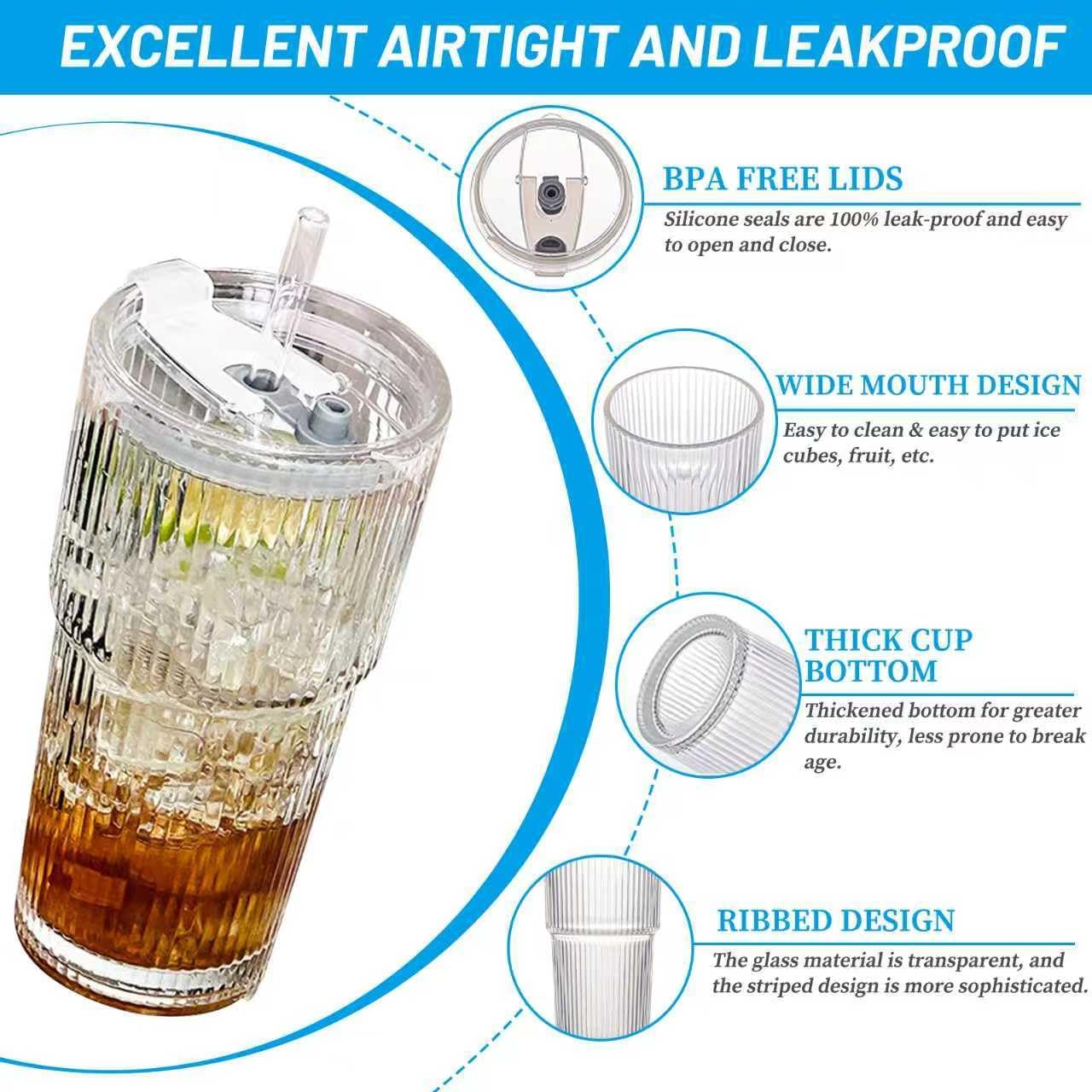 20 oz Glass Tumbler with Lid and Straw, Clear Ribbed Iced Coffee Cup, High Borosilicate Glass Tumbler, Reusable Vintage Glassware for Iced Coffee, Smoothies, Cocktails, and Juices