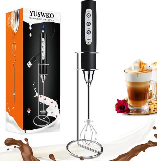 YUSWKO Black Handheld Milk Frother Wand with Stand for Coffee, Rechargeable Electric Whisk with 3 Heads 3 Speeds Drink Mixer Coffee Frother For Latte, Cappuccino, Hot Chocolate, Egg