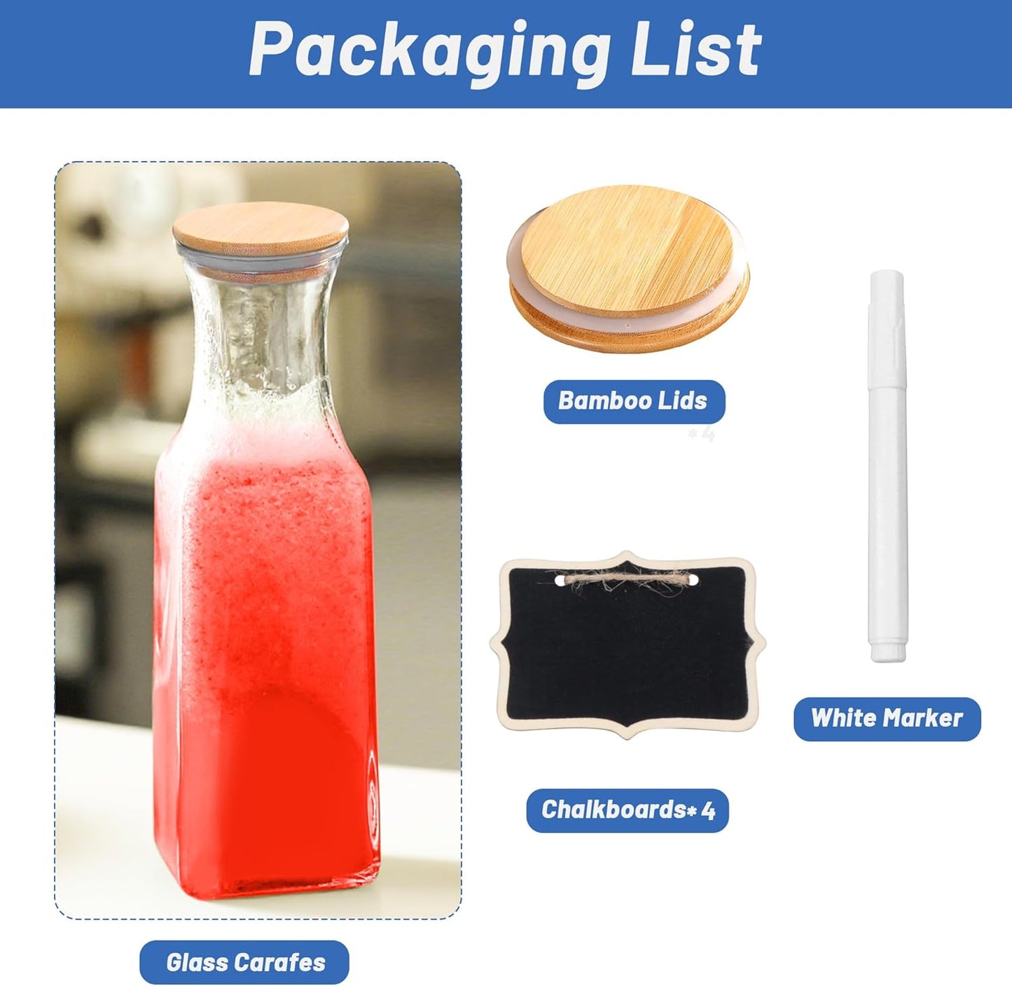 35 Oz Square Glass Carafe with Bamboo Lid, Beverage Dispensers,Mimosa Bar Supplies,Clear Glass Pitcher with Name Labels for Iced Tea,Coffee,Juice(Pack of 4)