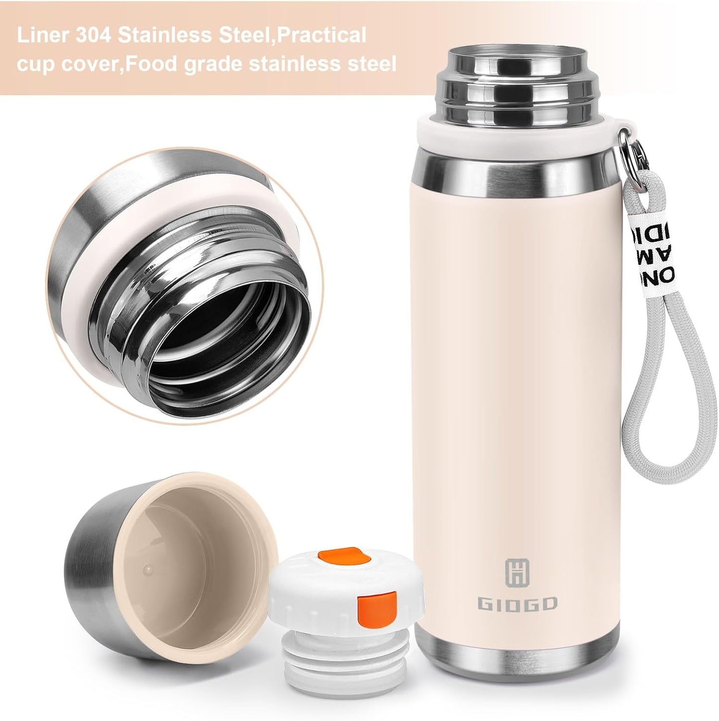 Stainless Steel thermo Bottles with cup 700ml/23.7oz Vacuum Insulated Bottle for hot and cold coffee drink water thermo flask with cup.(Gradient White,700ml)