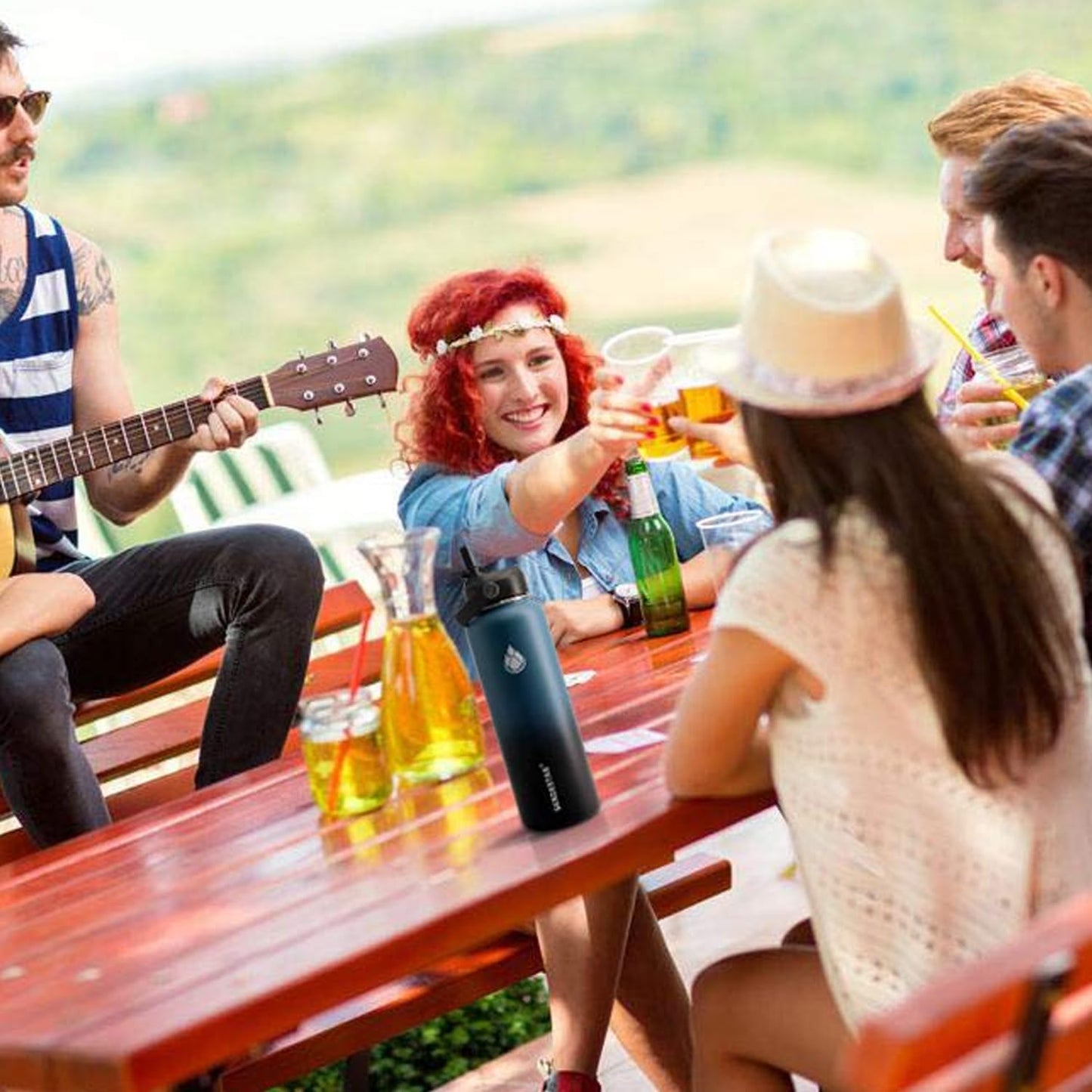 SENDESTAR Water Bottle 40oz Double Wall Vacuum Insulated Leak Proof Stainless Steel Sports Water Bottle—Wide Mouth with New Flex Straw Lid & Spout Lid (Deep Blue&Black)