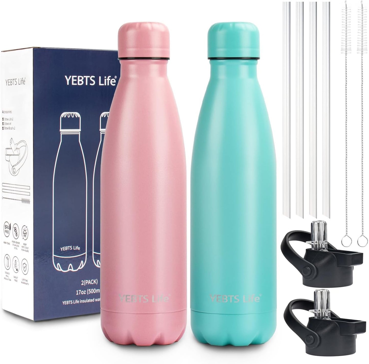 Insulated Water Bottle, 2 Pack-17oz Stainless Steel Water Bottles with straw lid, Metal Sports Water Bottles for Boys,Girls, Double Wall Vacuum BPA-Free Flask for School,Sports (Pink-Green)