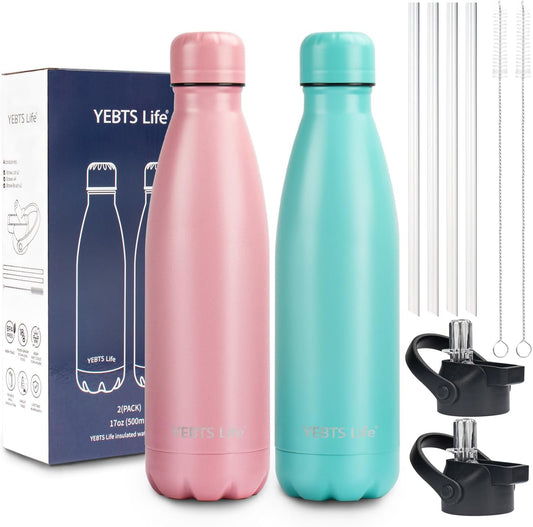 Insulated Water Bottle, 2 Pack-17oz Stainless Steel Water Bottles with straw lid, Metal Sports Water Bottles for Boys,Girls, Double Wall Vacuum BPA-Free Flask for School,Sports (Pink-Green)